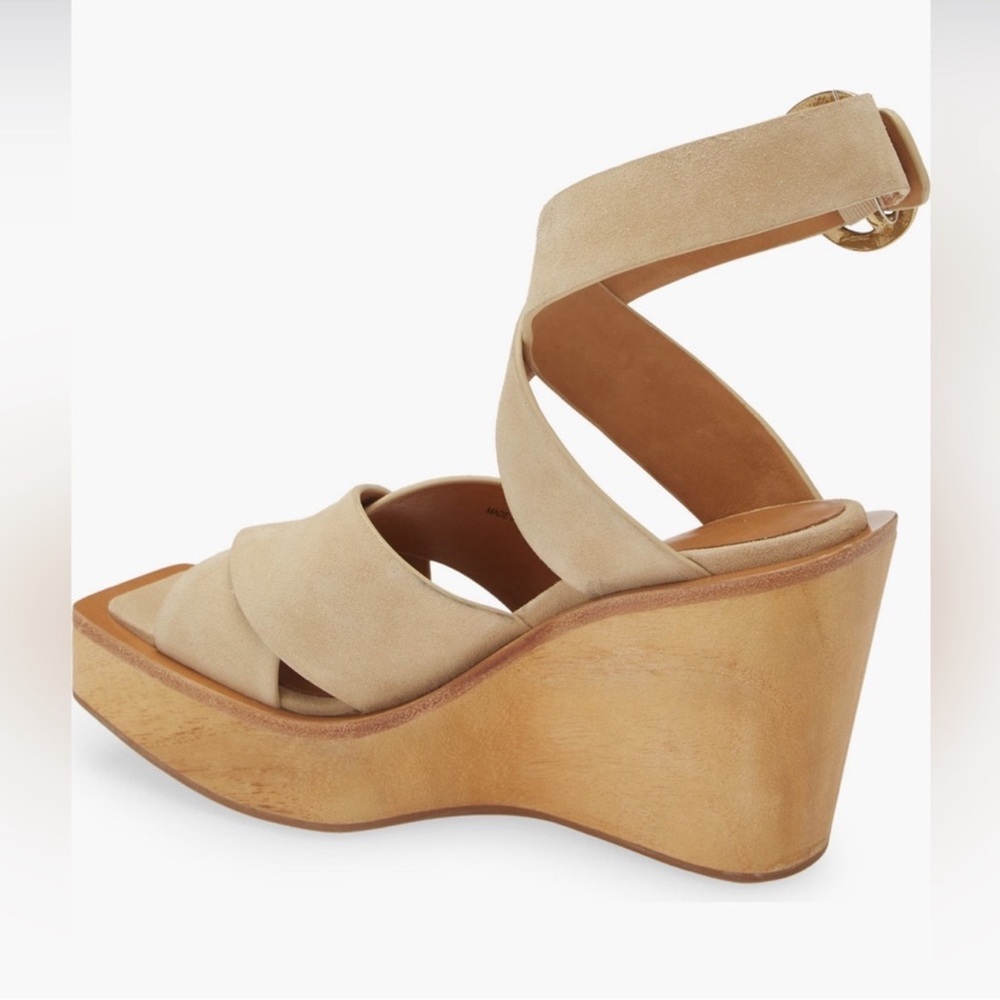 New! Rag & Bone Santiago Crisscross Wood Wedge Sandals Tan Suede Strap - Picture 3 of 11